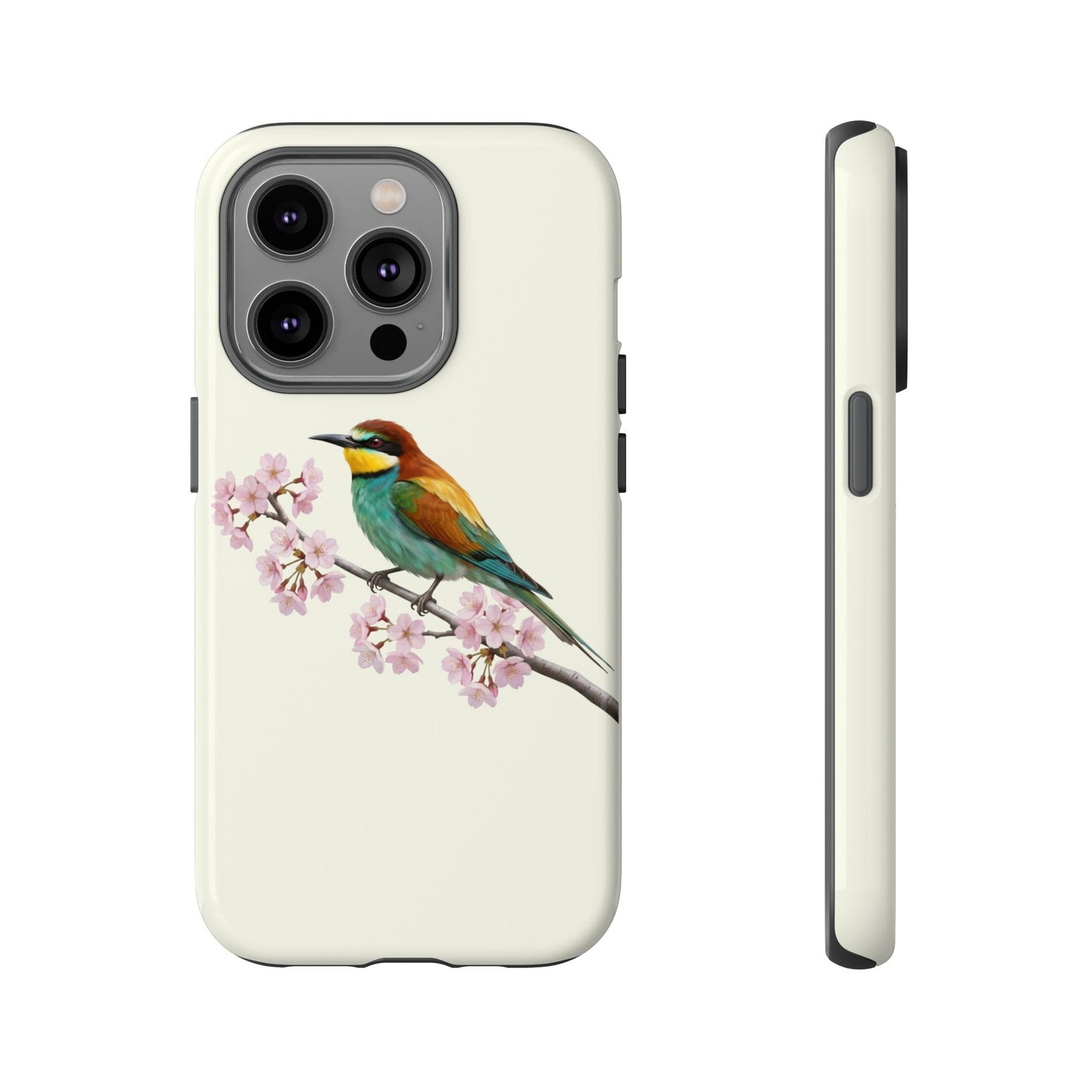 Bienenfresser Handyhülle in Cremeweiß | Florales Kirschblüten Vogel-Motiv für iPhone & Google Pixel