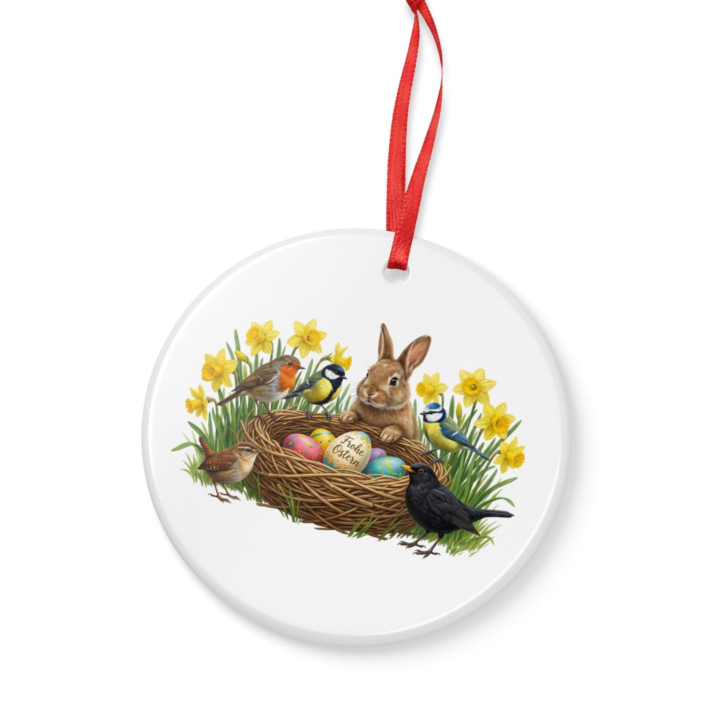 Amsel Rotkehlchen Blaumeise mit Kaninchen und Osterglocken Premium Keramik-Ornament