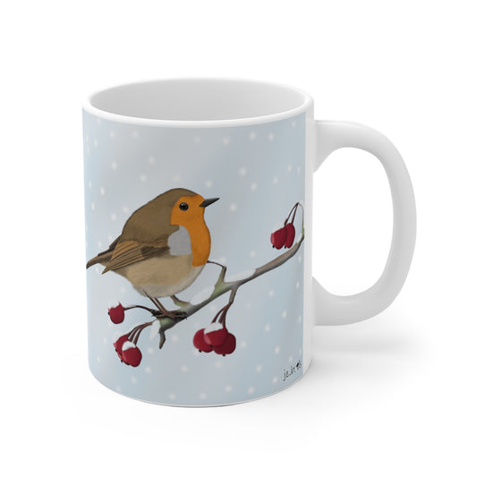 Rotkehlchen auf einem Ast im Winter Weihnachten Schnee Vogel Tasse