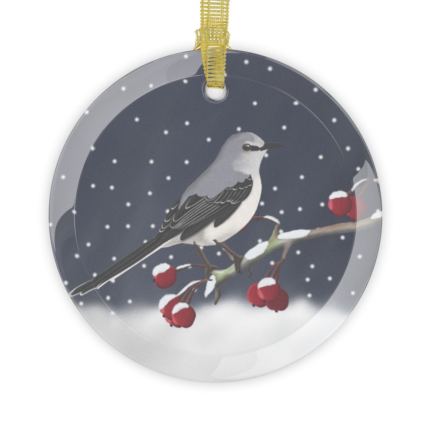 Mockingbird on a Winter Branch Christmas Bird Glass Ornament