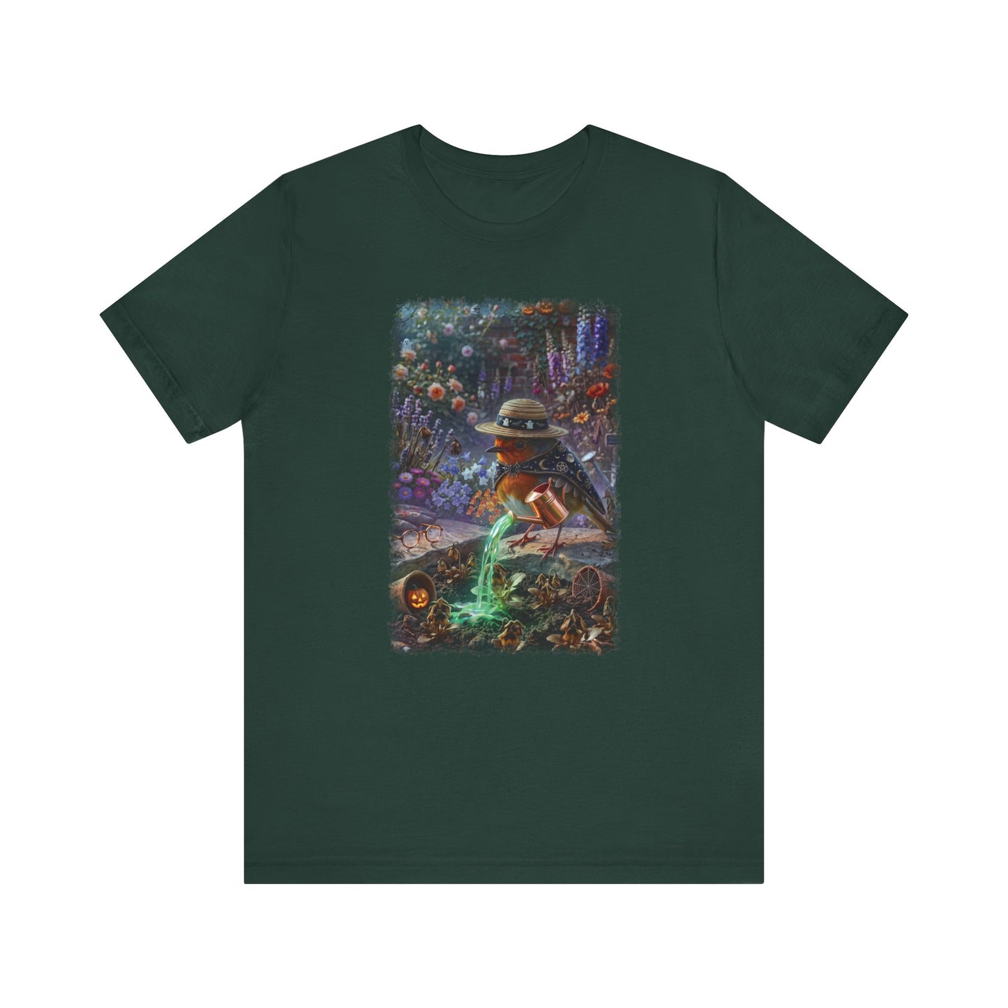 Soft premium Bella Canvas 3001 dark green T-shirt featuring a digitally painted illustration of a cute bird named Robin Rosi pouring a glowing green magic potion from a watering can onto dried flowers.