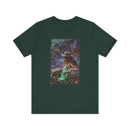 Soft premium Bella Canvas 3001 dark green T-shirt featuring a digitally painted illustration of a cute bird named Robin Rosi pouring a glowing green magic potion from a watering can onto dried flowers.