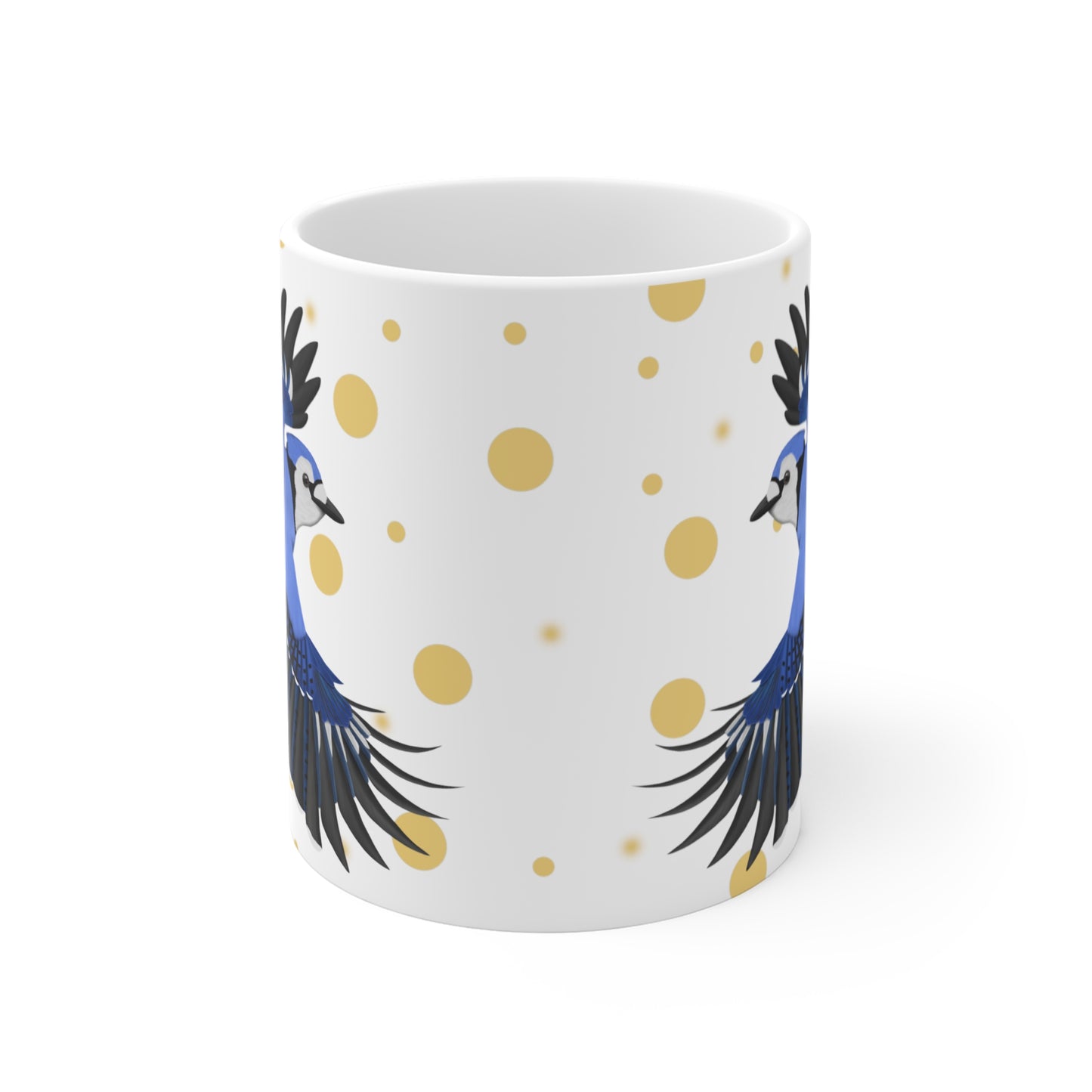 Blue Jay Bird Ceramic Mug White Golden Dots 11oz