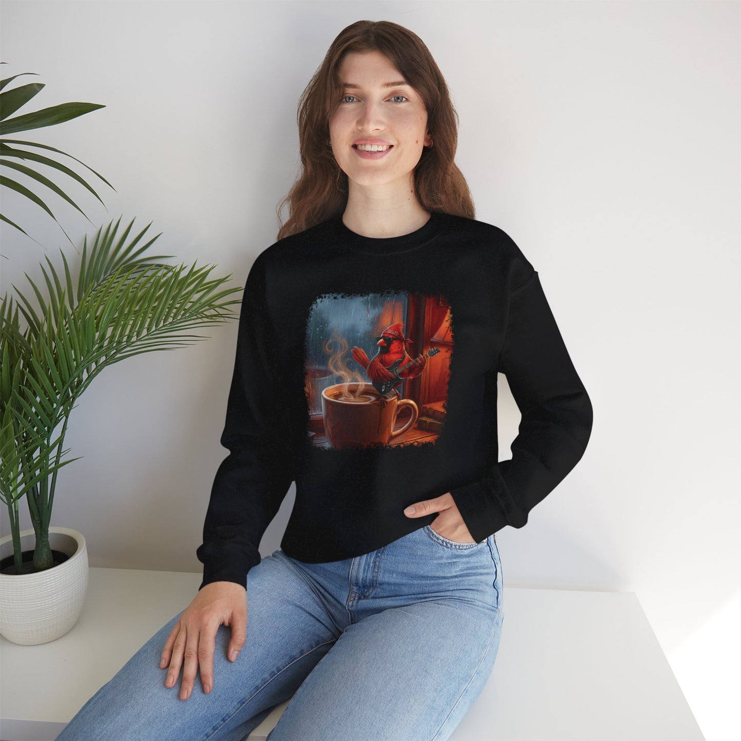 Cozy Rainy Day Coffee Sweatshirt – Vintage Cardinal with Guitar Graphic