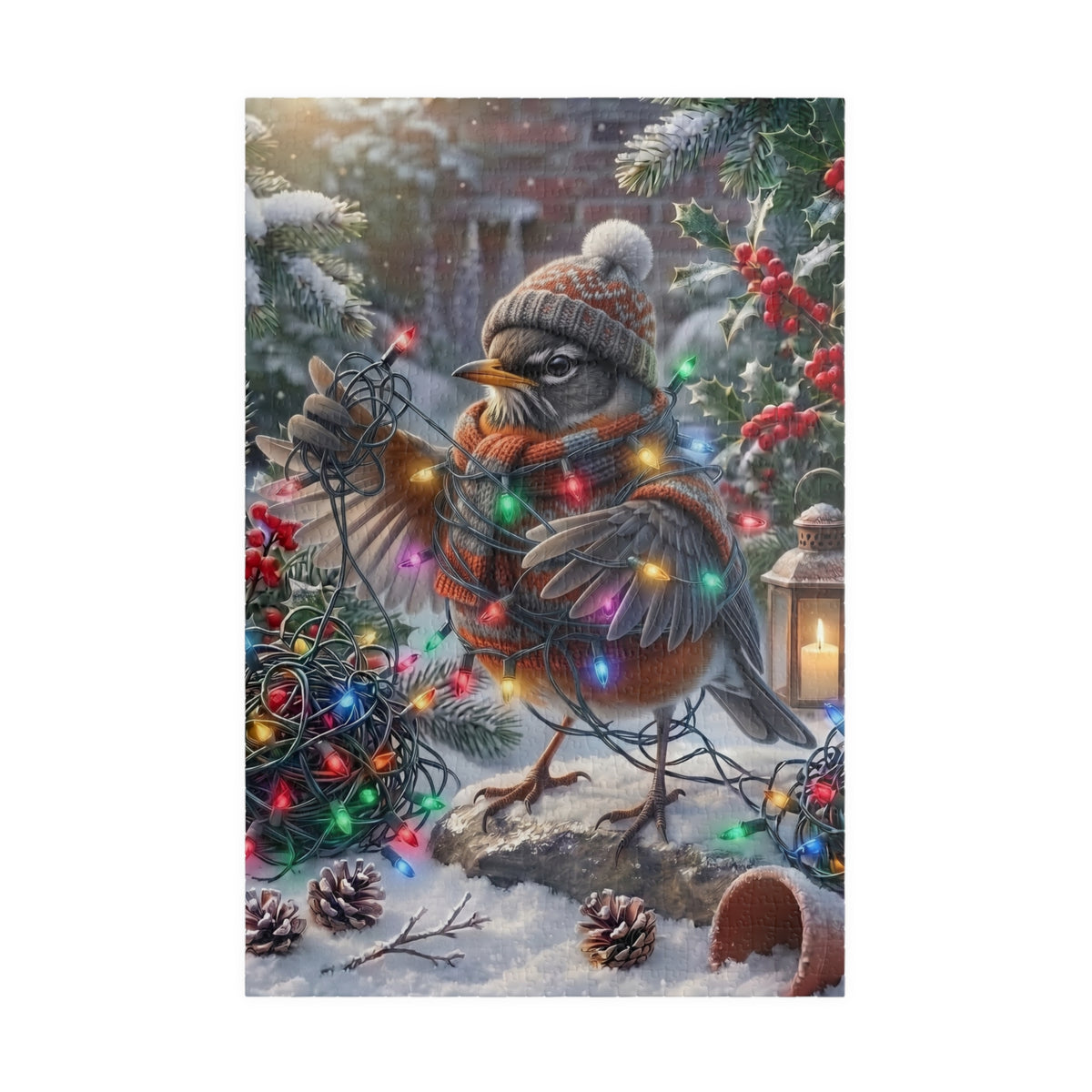 A festive winter jigsaw puzzle of a robin wearing a knit hat and scarf, wrapped in multicolored Christmas lights, standing in snow with pinecones, berries, evergreen branches, and a lantern.