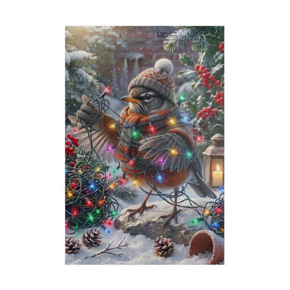 A festive winter jigsaw puzzle of a robin wearing a knit hat and scarf, wrapped in multicolored Christmas lights, standing in snow with pinecones, berries, evergreen branches, and a lantern.