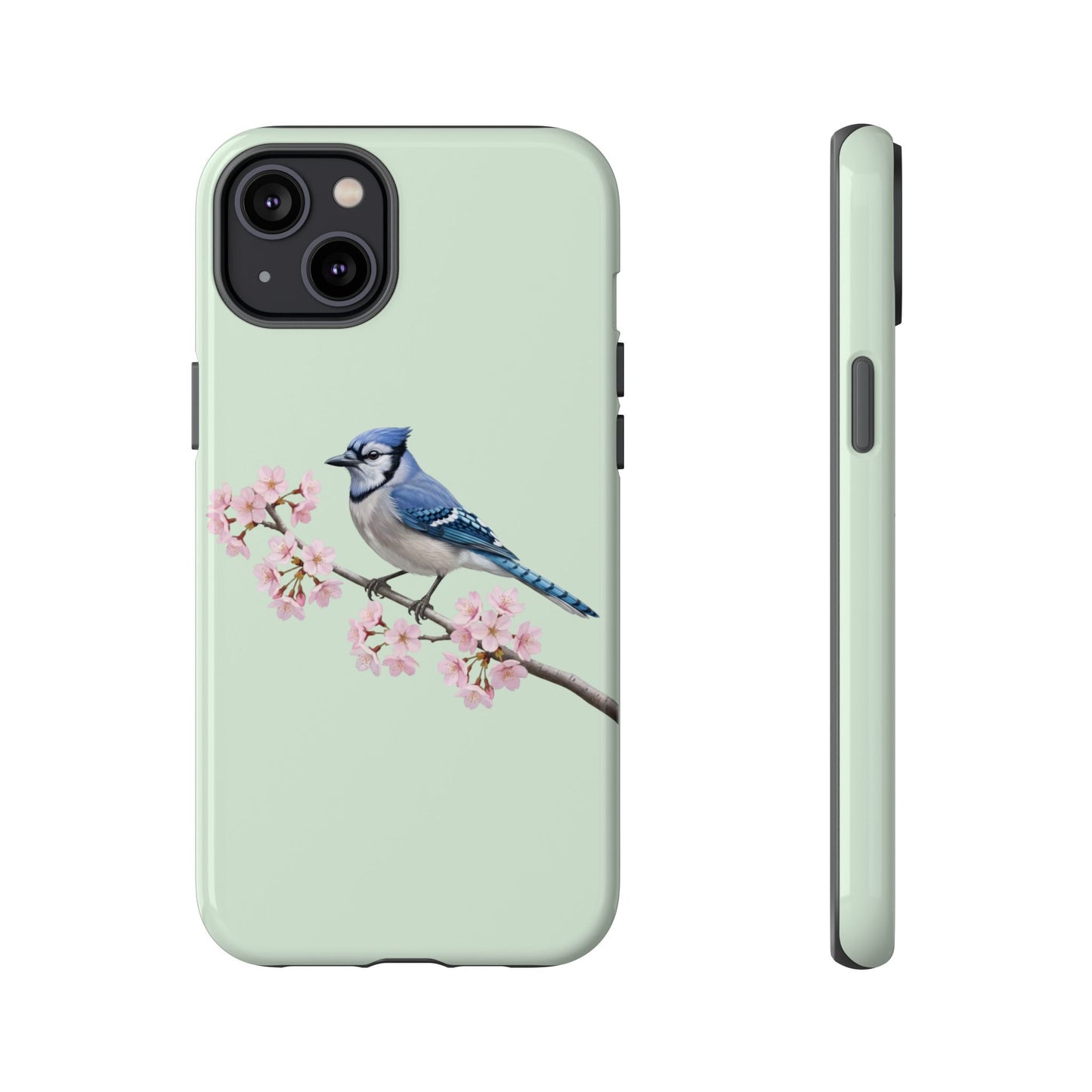 Blauhäher Handyhülle in Salbeigrün | Florales Kirschblüten Vogel-Motiv für iPhone & Google Pixel