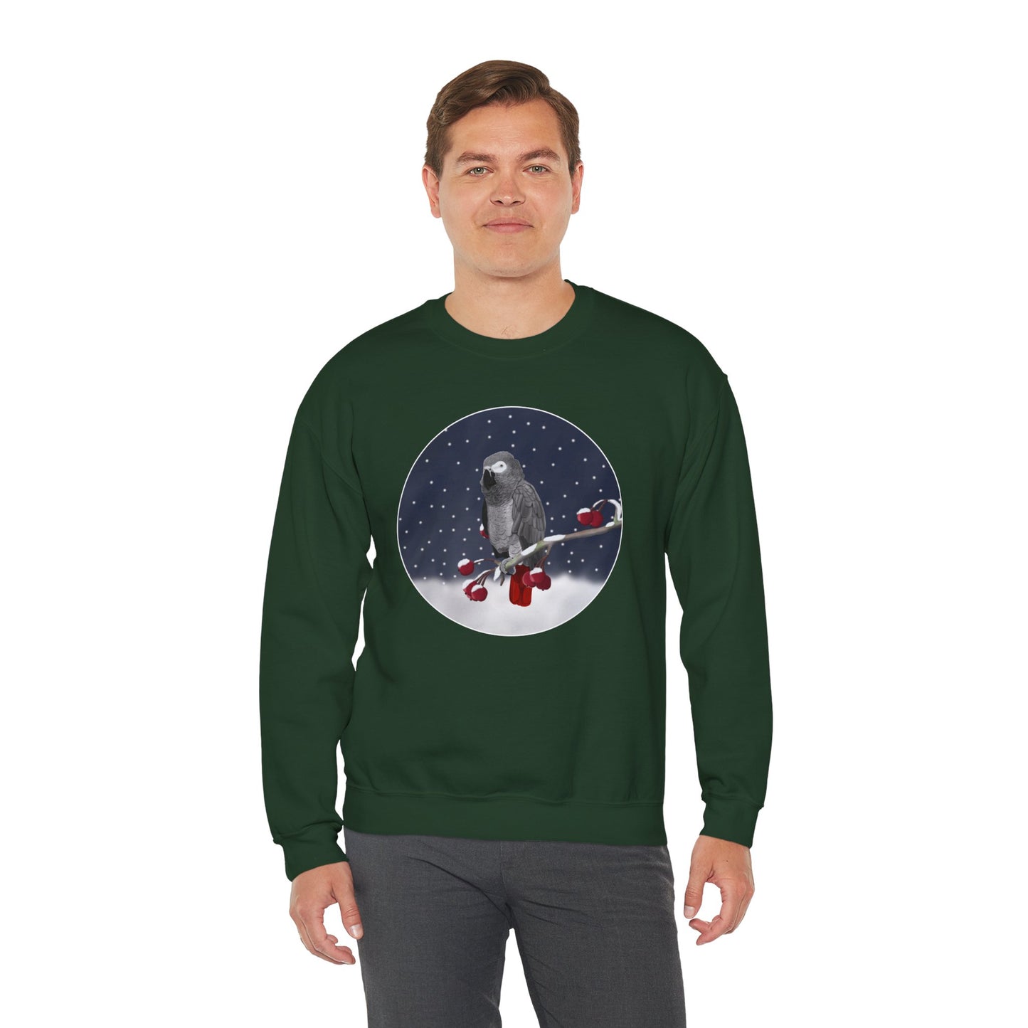 Grey Parrot on a Winter Branch Birdwatcher Christmas Bird Sweatshirt