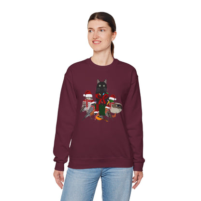 Robin Mallard Oriole Owl with Cat in a Box and Fairy Lights Birdwatcher Christmas Bird Sweatshirt