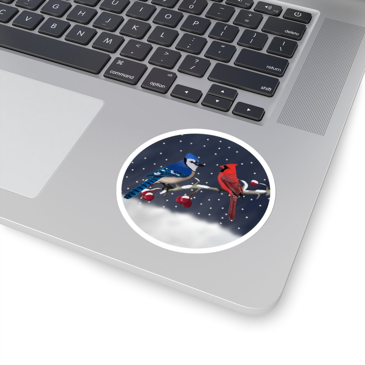 Blue Jay Cardinal on a Winter Branch Christmas Bird Sticker