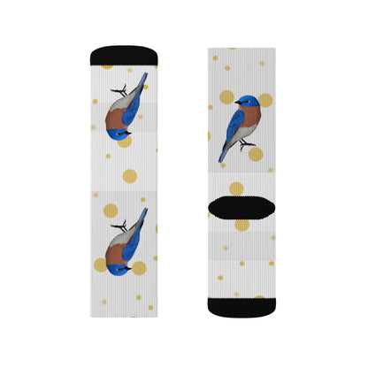 Bluebird Bird Art Socks White and Golden Dots