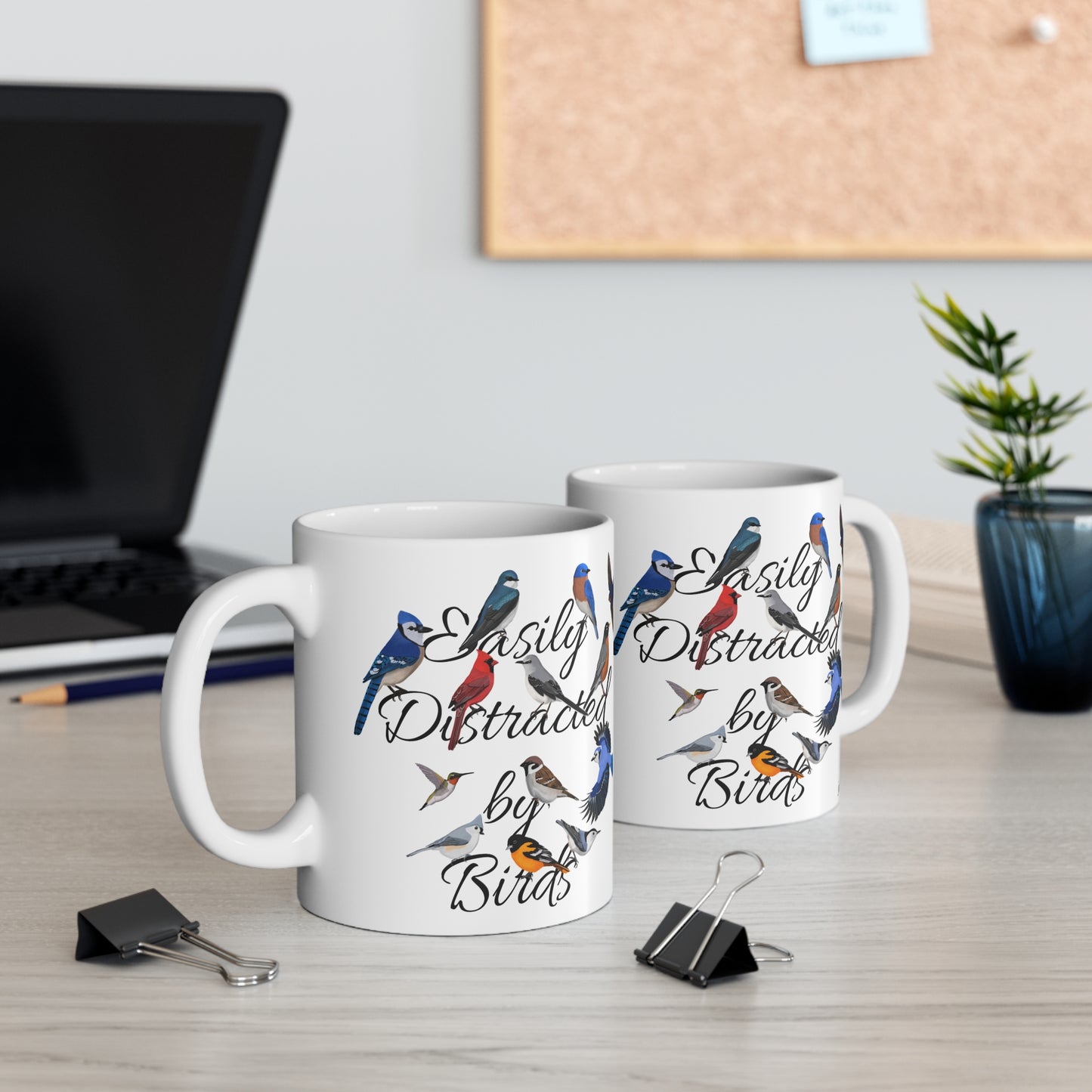 Easily Distracted by Birds Robin Blue Jay Cardinal Backyard Birds Ceramic Mug White