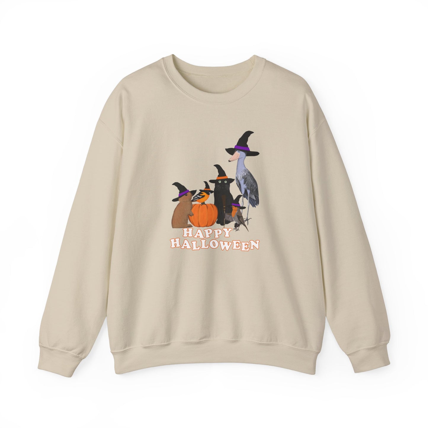 Robin Shoebill Oriole Rabbit with Cat Happy Halloween Birds Sweatshirt