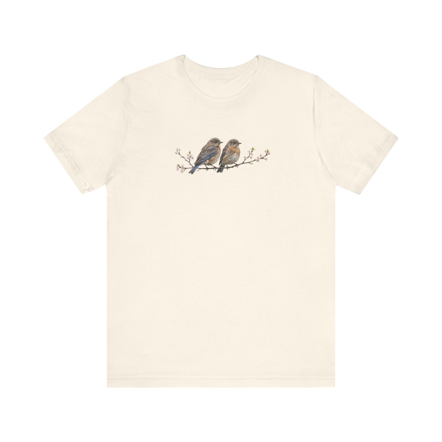 Eastern Bluebird Fledgling T-Shirt | Spring Blossoms Unisex Graphic Tee for Bird Watchers