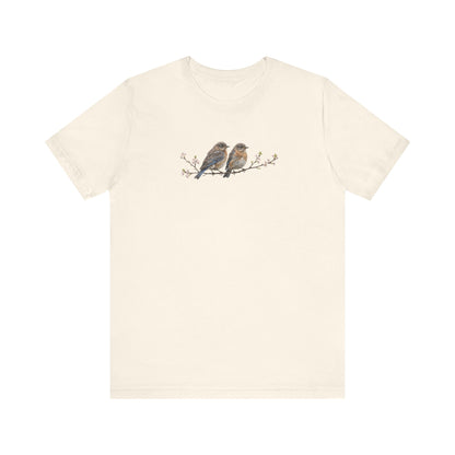 Eastern Bluebird Fledgling T-Shirt | Spring Blossoms Unisex Graphic Tee for Bird Watchers