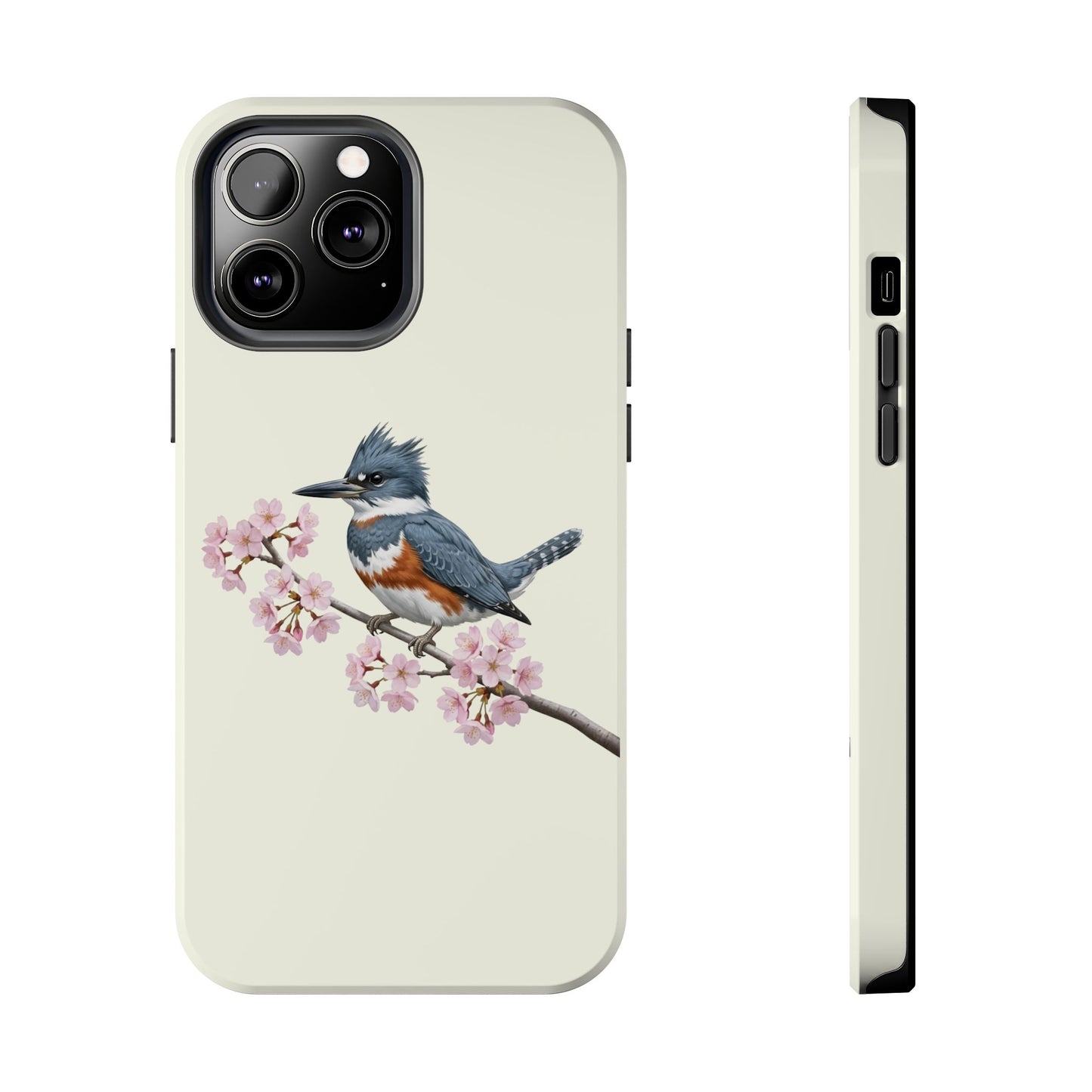 Belted Kingfisher & Cherry Blossom Tough iPhone Case Creamy White