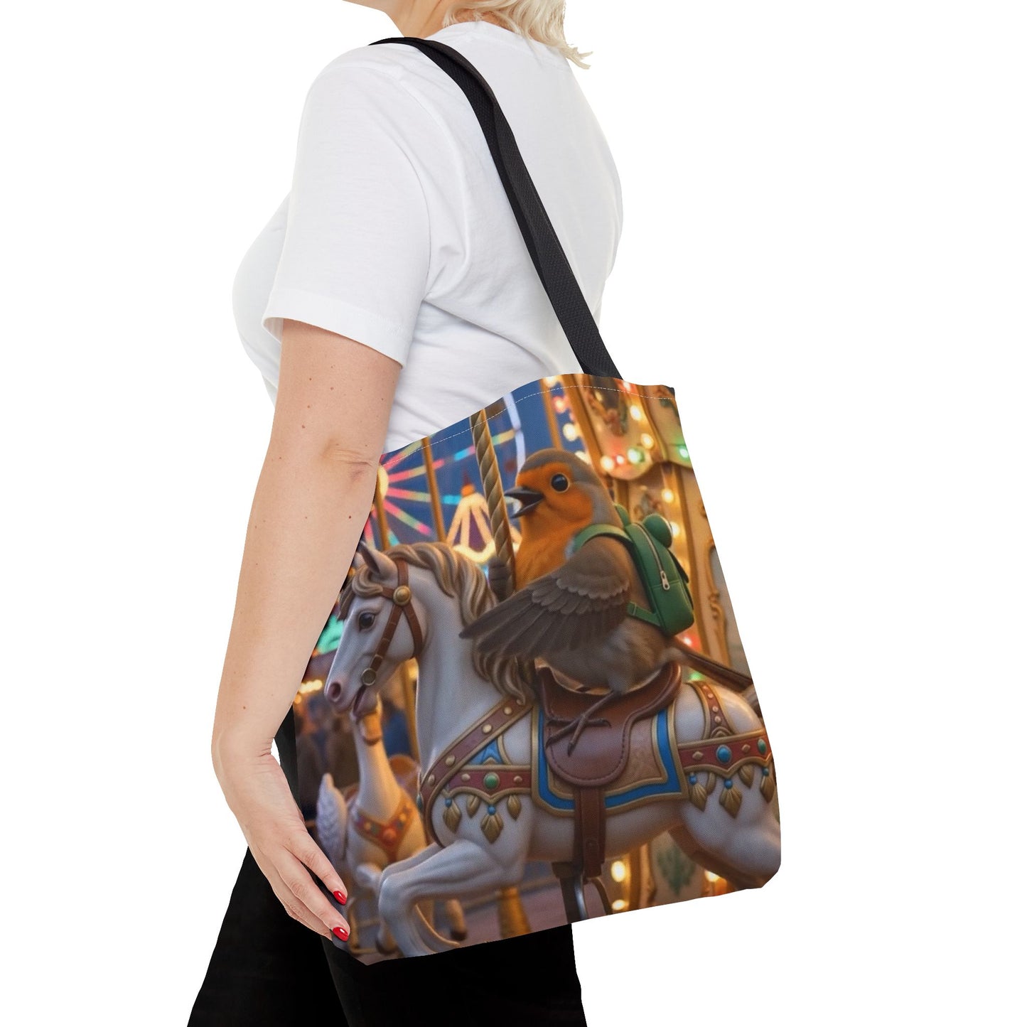 Premium Tragetasche Rosi Rotkehlchen auf dem Einhorn-Karussell (40 x 40 cm)