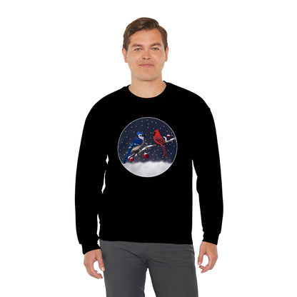 Blue Jay and Cardinal on a Winter Branch Christmas Bird Sweatshirt