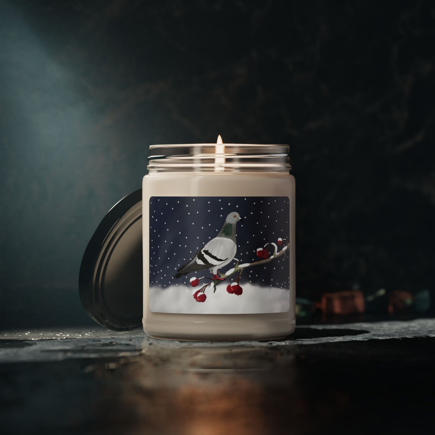 Pigeon on a Winter Branch Christmas Bird Art Scented Soy Candle, 9oz