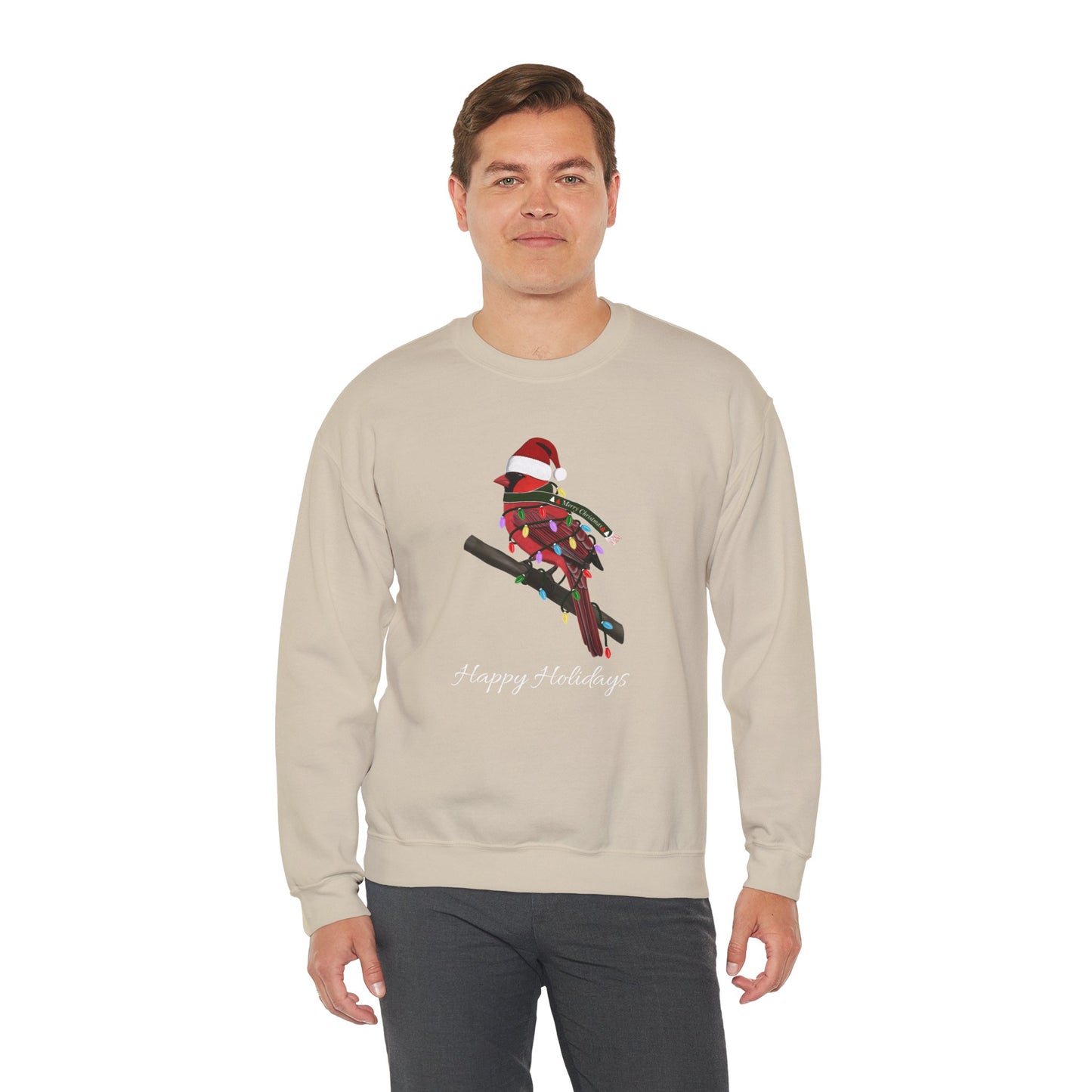 Cardinal with Fairy Lights as Santa Happy Holidays Birdwatcher Christmas Bird Sweatshirt