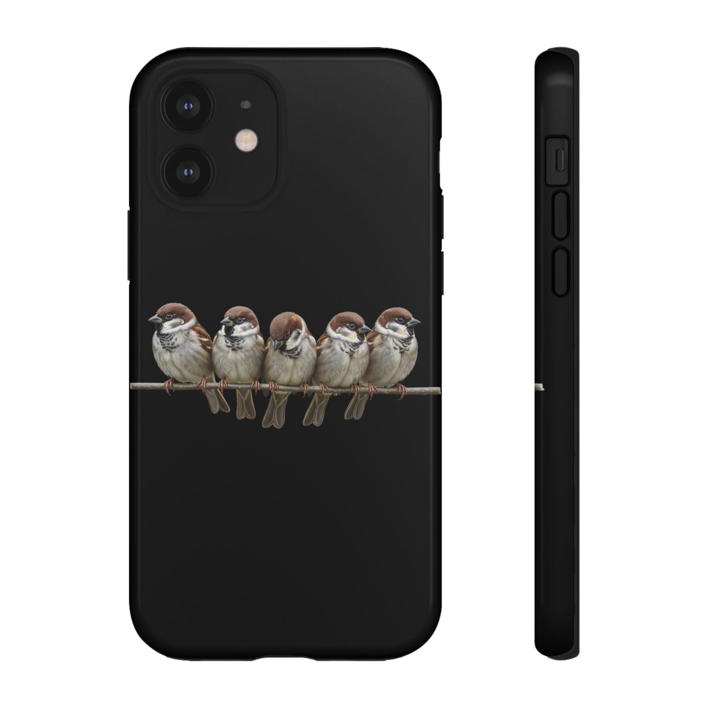Feldsperlinge auf einem Ast Premium Handyhülle – Doppelt Geschützt & Rundum Bedruckt Schwarz