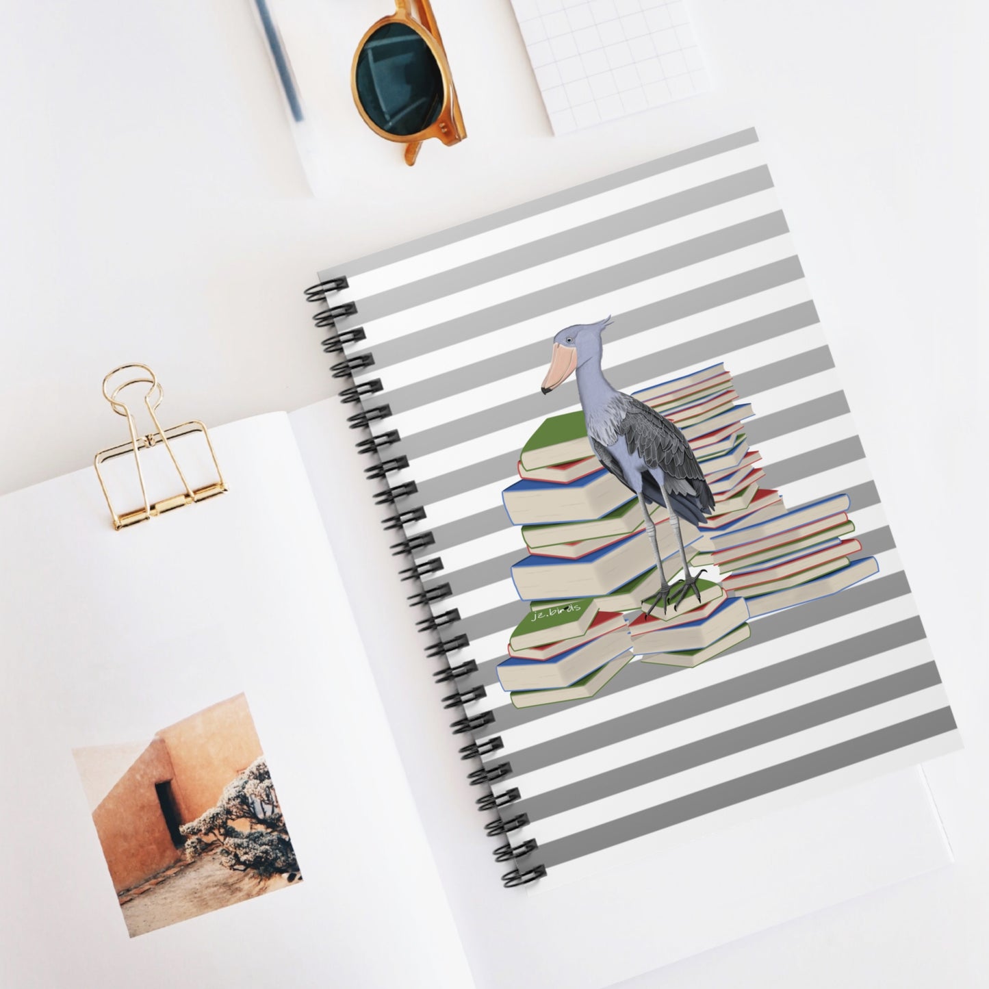 Shoebill Bird with Books Birdlover Bookworm Spiral Notebook Ruled Line