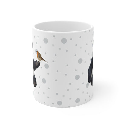Panda Bear Mug with European Robin for Animal Lovers & Bird Watchers 11oz