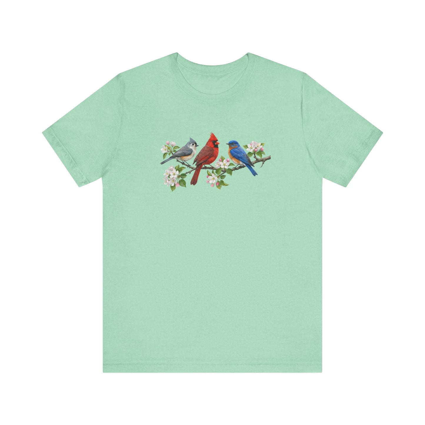 Tufted Titmouse, Cardinal & Bluebird & Apple Blossoms – Floral Bird Lover Gift T-Shirt