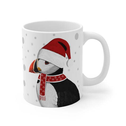 Puffin with Red Santa Hat and Scarf Christmas Bird Ceramic Mug 11oz