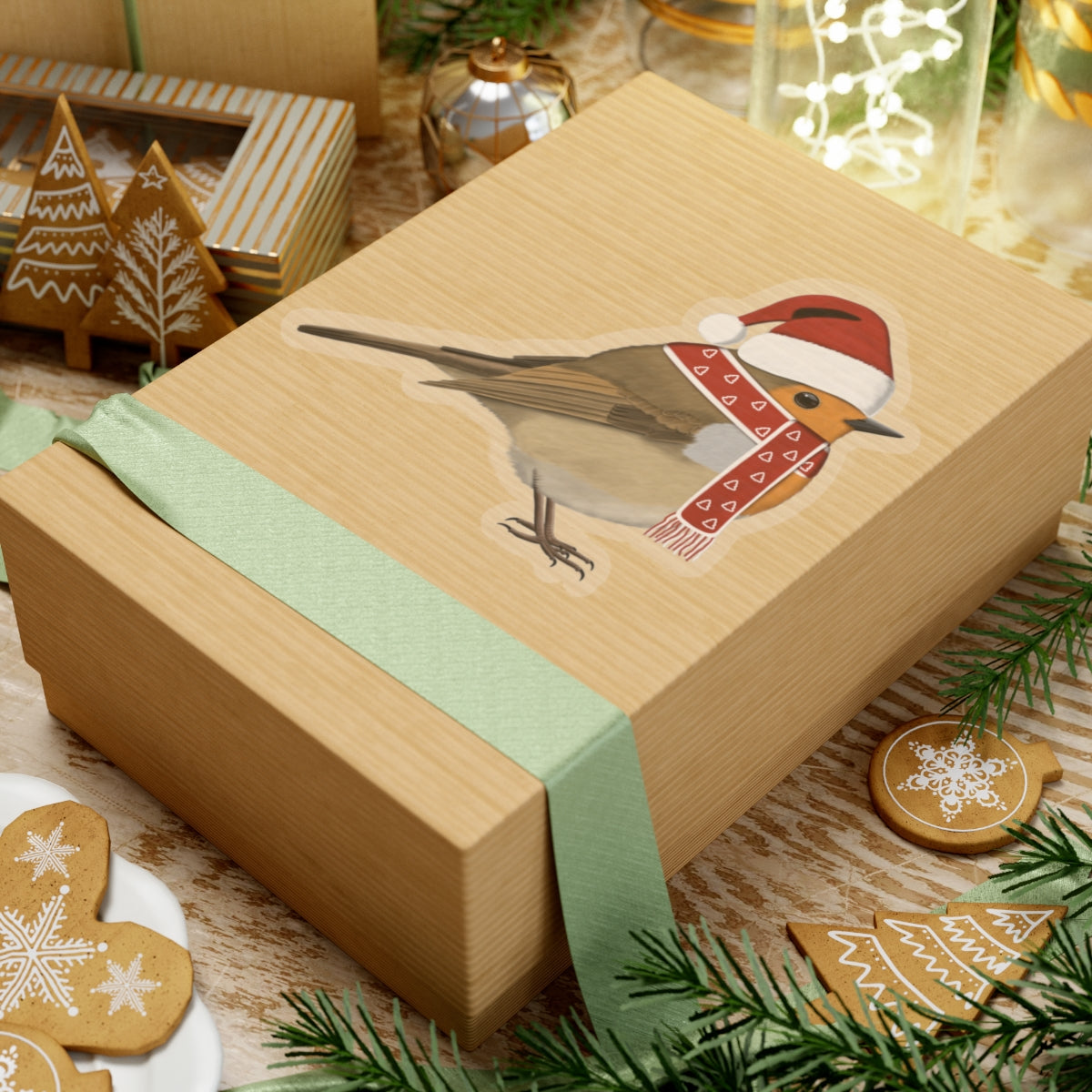 European Robin with Santa Claus Hat and Scarf Christmas Bird Sticker