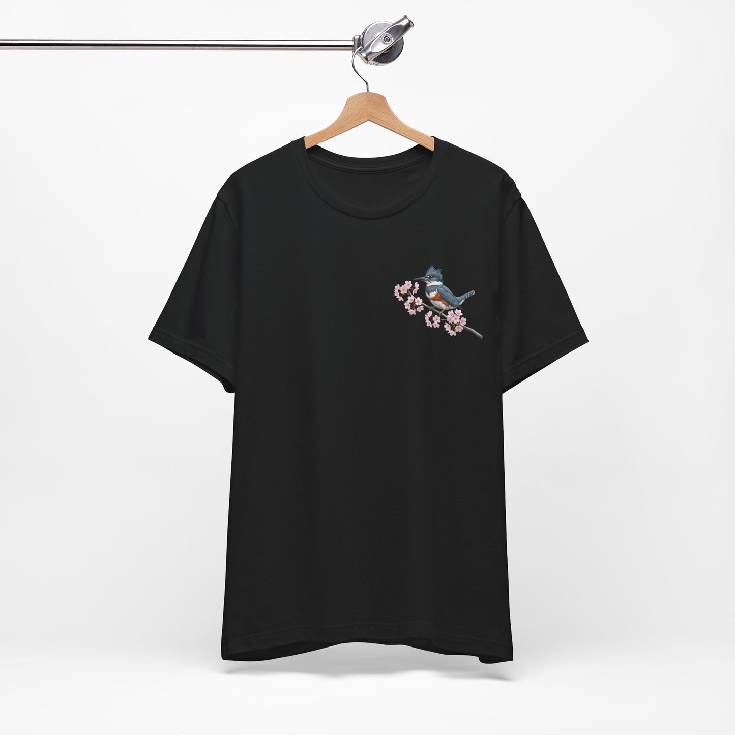 Belted Kingfisher Cherry Blossom T-Shirt | Floral Spring Tee for Bird Lovers