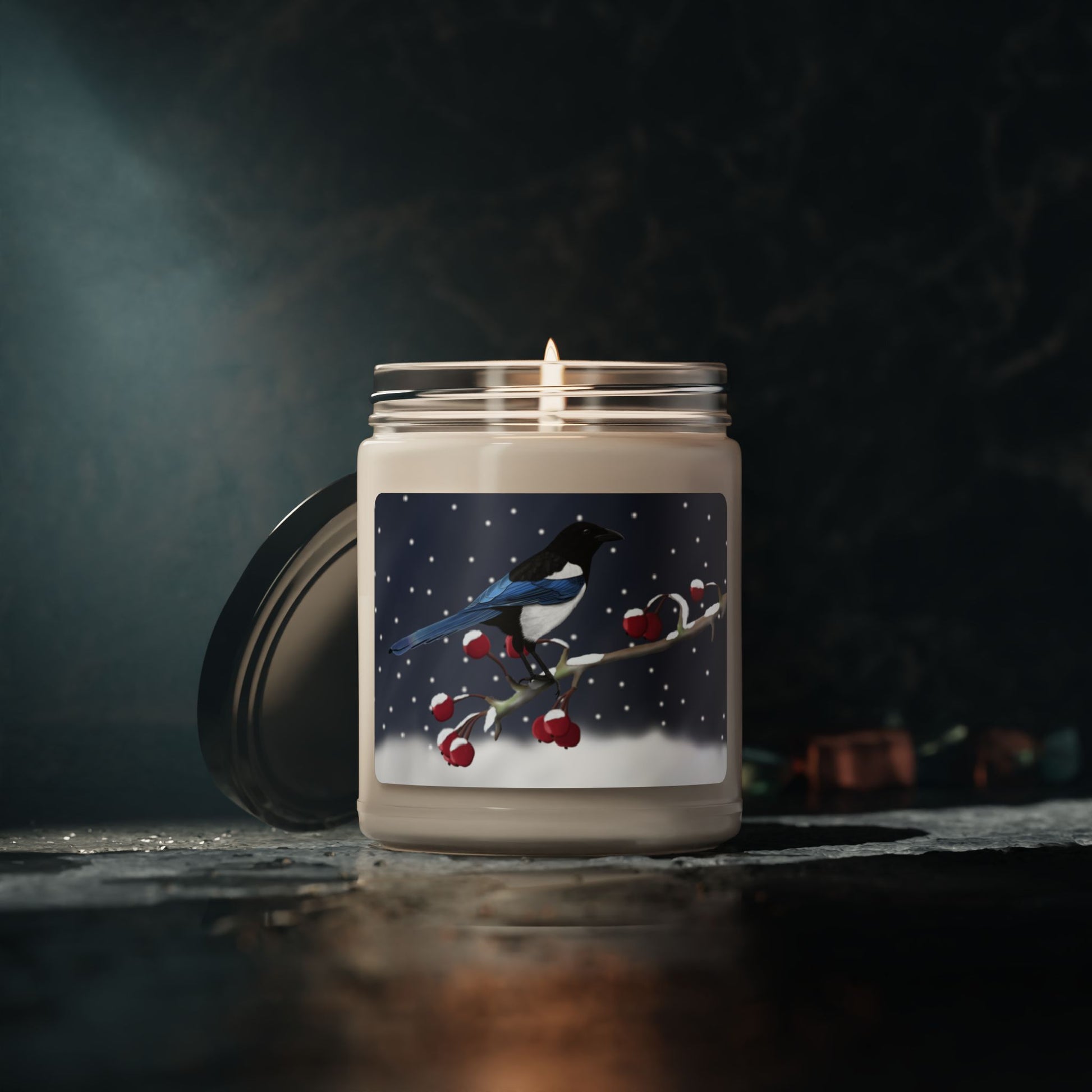 Magpie on a Winter Branch Christmas Bird Art Scented Soy Candle, 9oz – Assembled in the USA, Home Decor