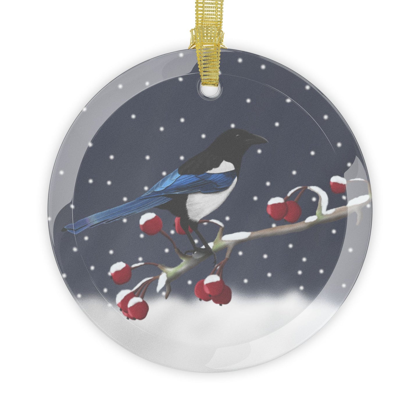 Magpie on a Winter Branch Christmas Bird Glass Ornament