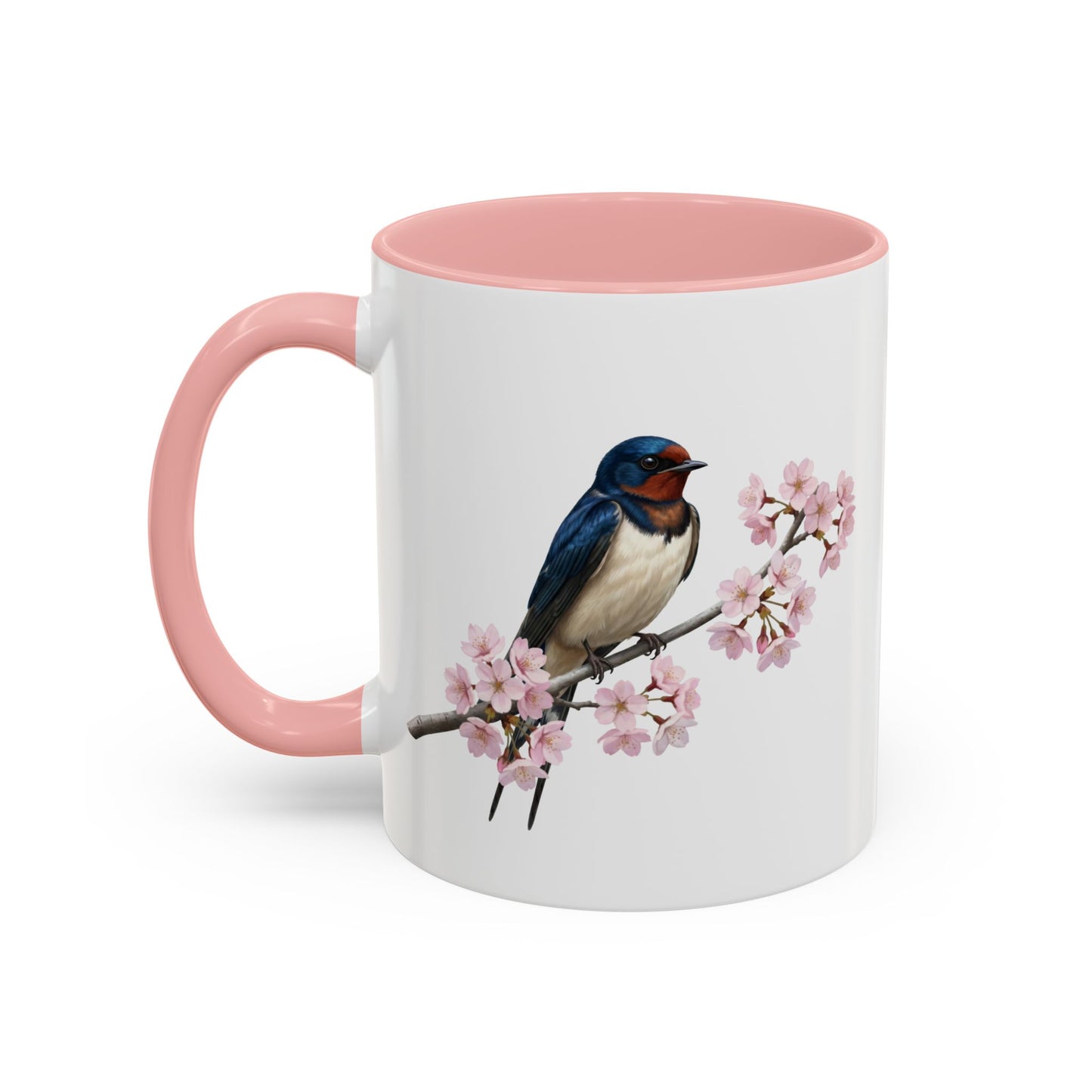 Barn Swallow Cherry Blossom Mug | Pink Ceramic Coffee Cup for Bird Lovers