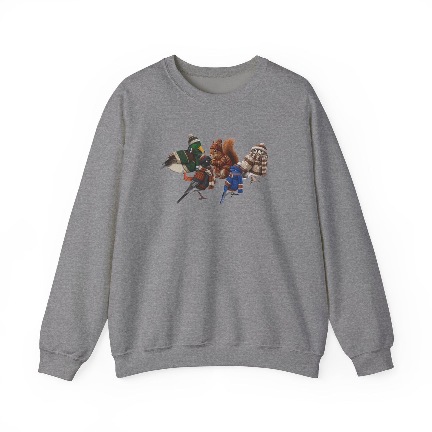 Cozy Winter Crewneck: Backyard Birds & Squirrel in Knitwear