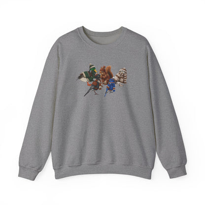 Cozy Winter Crewneck: Backyard Birds & Squirrel in Knitwear