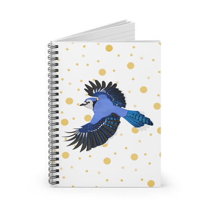 Blue Jay Bird Birdlover Spiral Notebook White Golden Dots Ruled Line 6"x8"