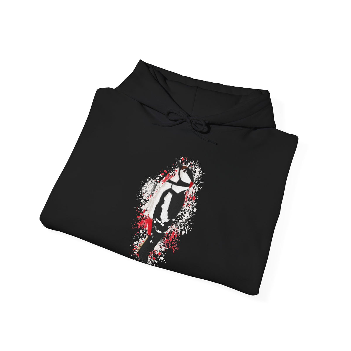 Buntspecht Hoodie – Motiv-Kapuzenpullover im Art-Design mit Sprenkel-Hintergrund