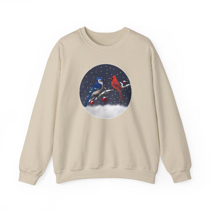 Blue Jay and Cardinal on a Winter Branch Christmas Bird Sweatshirt