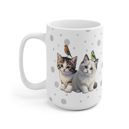 Katzenbabys Kätzchen Tasse mit Rotkehlchen und Blaumeise Tiermotiv Punkte Grau