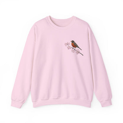 American Robin Cherry Blossom Sweatshirt | Floral Bird Crewneck Cozy Spring Pullover – Animal Lover Gift,