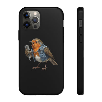 Rotkehlchen mit Mikrofon Premium Handyhülle – Doppelt Geschützt & Rundum Bedruckt Schwarz
