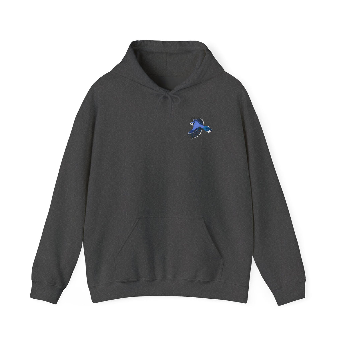 Blauhäher (Blue Jay) Hoodie – Kapuzenpullover mit kleinem Vogelmotiv im Flug