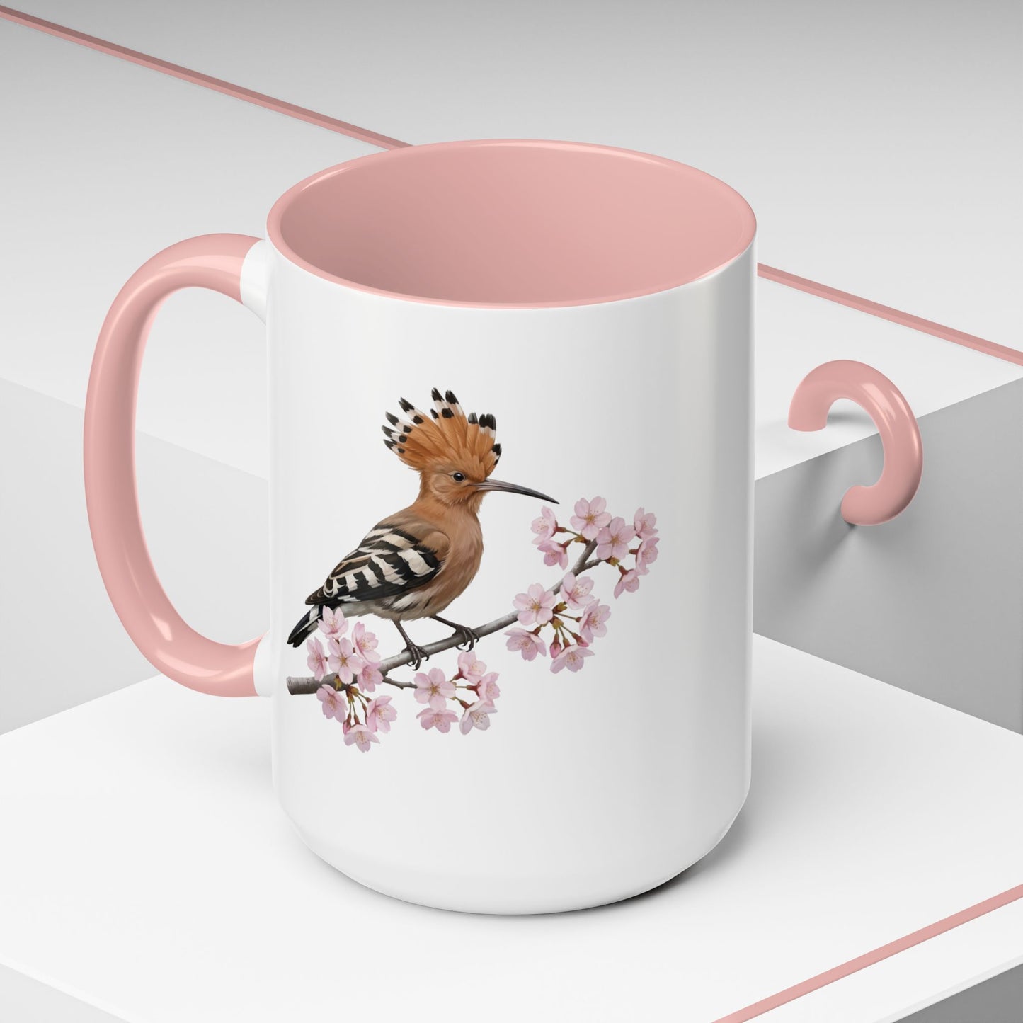 Hoopoe Cherry Blossom Mug | Pink Ceramic Coffee Cup for Bird Lovers