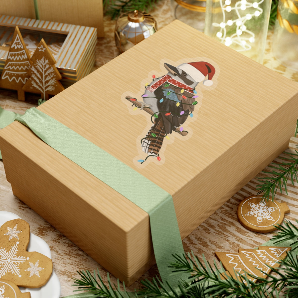 Kookaburra with Fairy Lights Santa Claus Hat and Scarf Christmas Bird Sticker