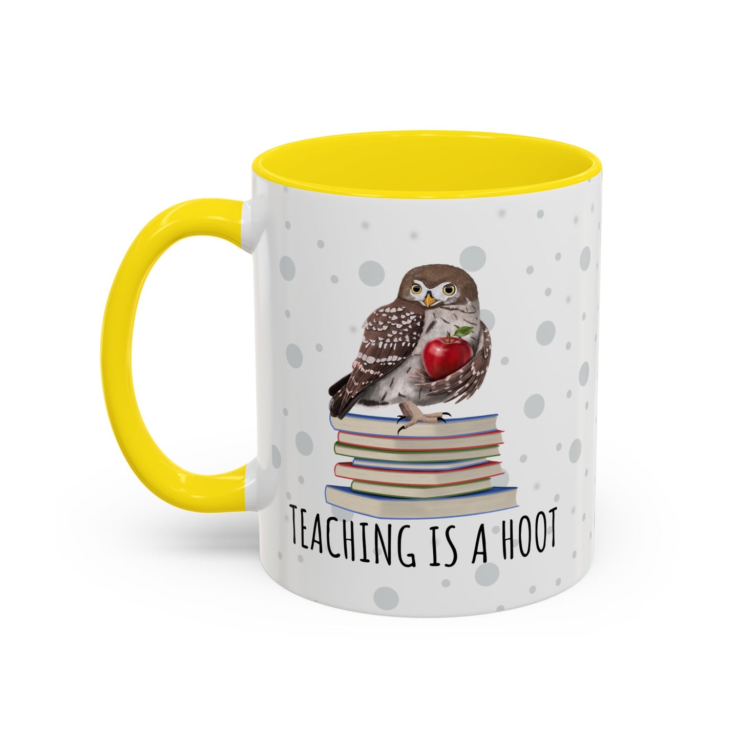 Cute Owl on Books Teacher Mug – Teaching is a Hoot – Two-Tone Classroom Coffee Cup
