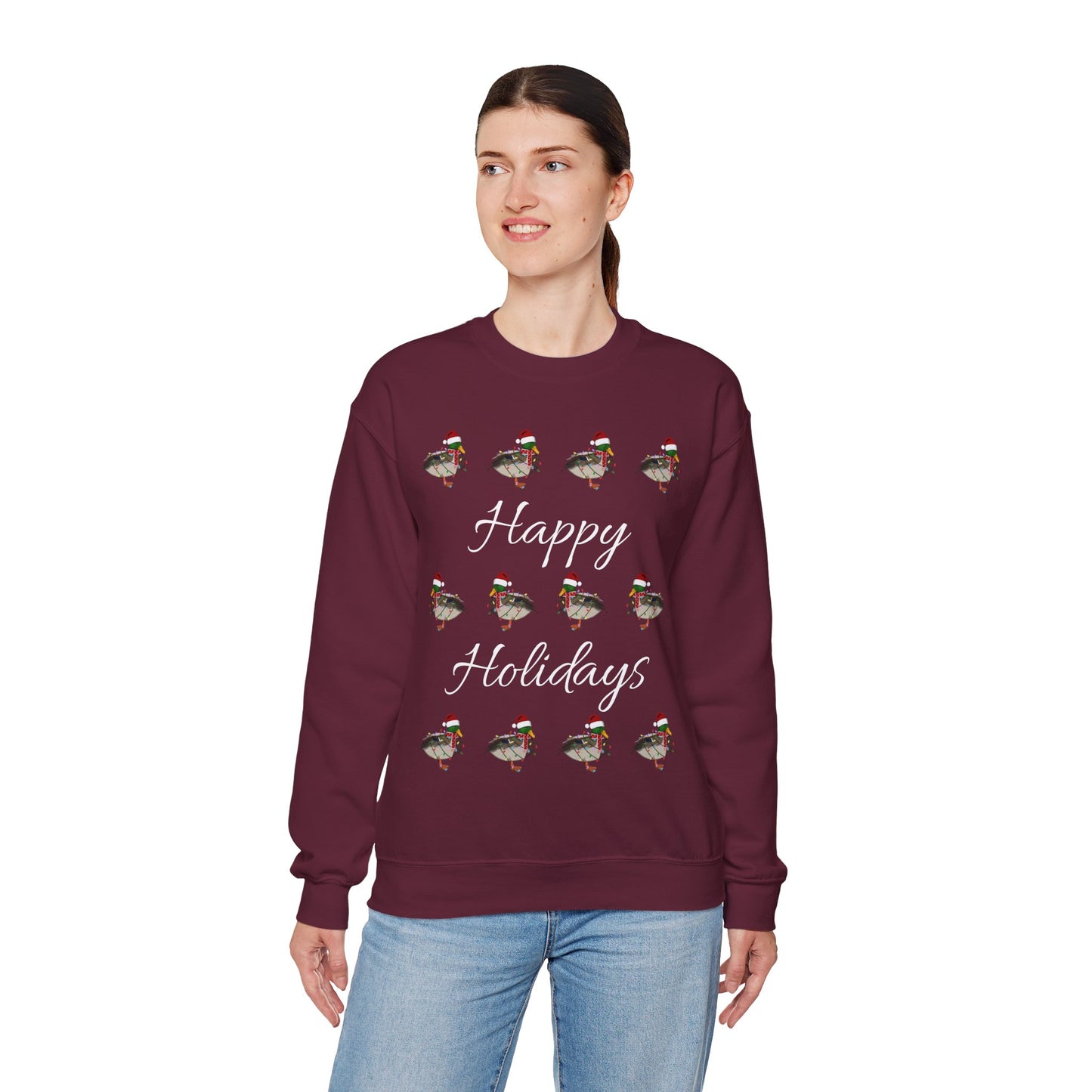 Mallard as Santa with Hat Scarf and Fairy Lights Happy Holidays Birdwatcher Christmas Bird Sweatshirt