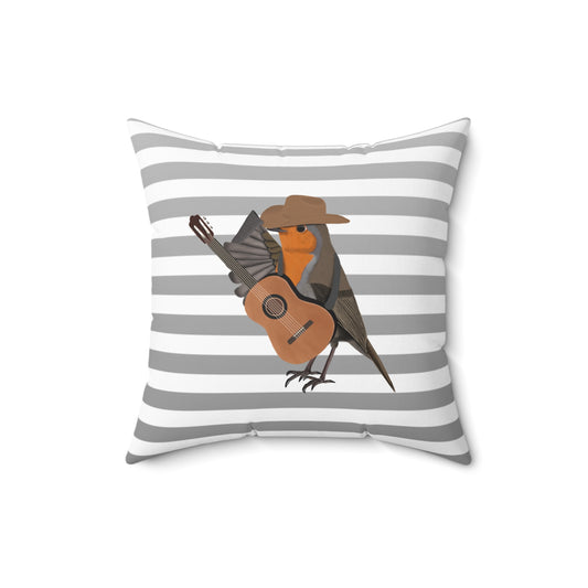 Robin with Cowboy Hat and Guitar Country Music Bird Throw Pillow 16"x16" Grey White