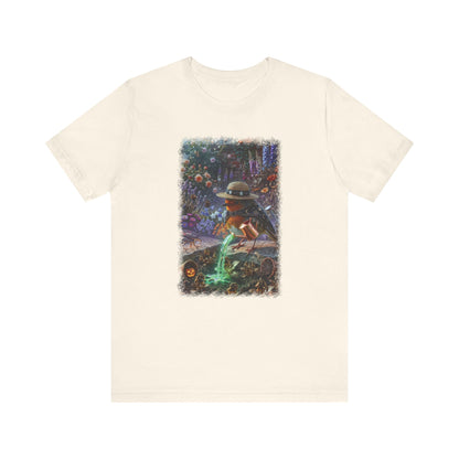 Soft premium Bella Canvas 3001 natural T-shirt featuring a digitally painted illustration of a cute bird named Robin Rosi pouring a glowing green magic potion from a watering can onto dried flowers.
