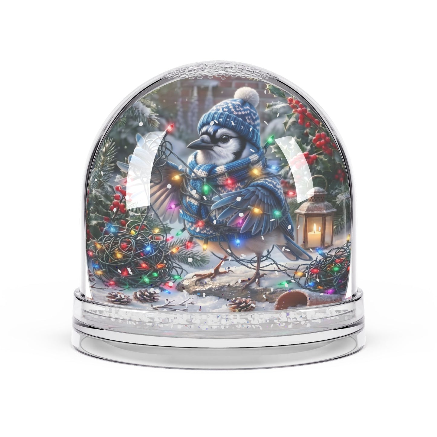 A clear glass snow globe with a silver-toned base, featuring a painted blue jay wearing a blue knit hat and scarf, surrounded by Christmas lights, pine branches, snow, and a lantern inside.